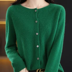Aliselect Autumn Winter Women 100% Merino Wool Sweater O-Neck Tops Long Sleeve Basic Cashmere Knitwear Cardigan Clothing Coat