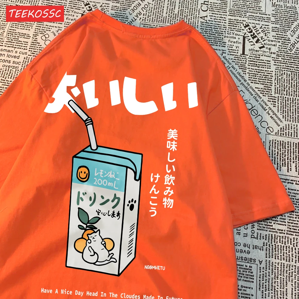 Cute Japanese Cat Print Oversized T-shirt Women Men Short Sleeve Loose Casual Tee Shirt Streetwear Tops Cotton Harajuku Clothing - الصورة 14