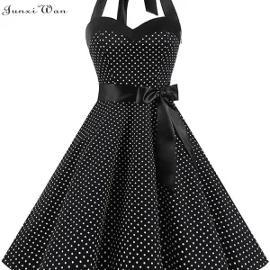 Women Polka Dot Print Summer Dress Sexy Retro White Halter Vintage Dress Robe Femme Pin Up Rockabilly Party Dress