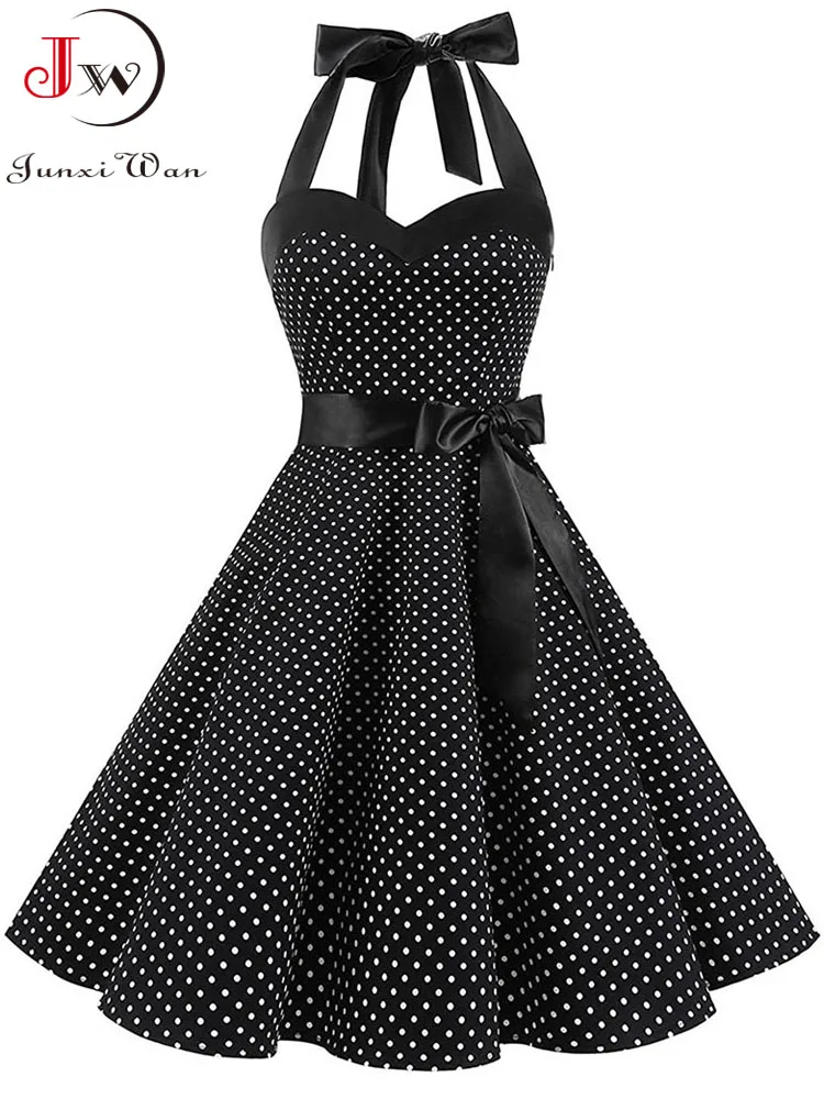 Women Polka Dot Print Summer Dress Sexy Retro White Halter Vintage Dress Robe Femme Pin Up Rockabilly Party Dress - الصورة 4