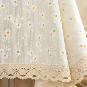 Beige Daisy Lace Tassels Cotton Tablecloth Rectangle Table Cover for Tea Table Decorations Kitchen Living Room Wedding Party Use