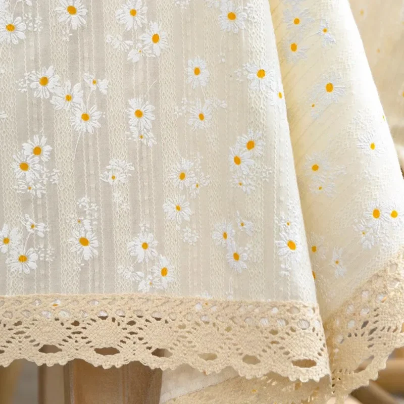 Beige Daisy Lace Tassels Cotton Tablecloth Rectangle Table Cover for Tea Table Decorations Kitchen Living Room Wedding Party Use - الصورة 16