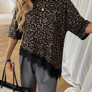 2026 Summer New Arrival Women's Oversized Ruffle Print Leopard Print Padded Lacing Loose Fit T-Shirt