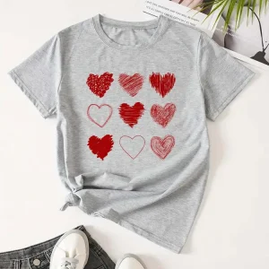 Red Heart Printed Women T-Shirts Fashion Streetwear Short Sleeve Tee Clothing Casual Soft Women Tops Valentine's Day T-shirt