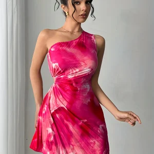 Summer Elegant Ink Print Smudge Cut-out Waist Dress Slanted Shoulder Collar Pressed Pleated Women's dresses