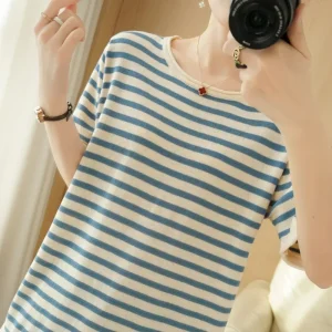 Pure Cotton Round Neck T Shirt For Women Summer Korean Style Loose Large Size Casual Short Sleeve Striped Top Base Shirt Blouse.