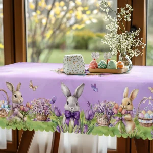 1 Easter Round Tablecloth, 5 Sizes Available, Light Purple Easter Bunny Egg Basket Printed Tablecloth, Edge Embossing Process, Easter Spring Garden Tablecloth Decoration, Tablecloth for Daily Home Kitchen, Terrace, Easter Decoration, Spring Decoration