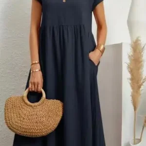 Women Vintage Solid Dress 2023 Summer Elegant O Neck Short Sleeve Cotton Linen Dresses Female Casual Loose Sundress Long Dress