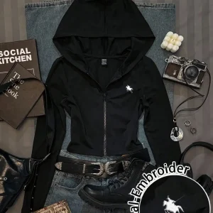 Casual women's wear minimalist printed solid color fitted hooded sweatshirt T-shirt, autumn, zipper cardigan pattern