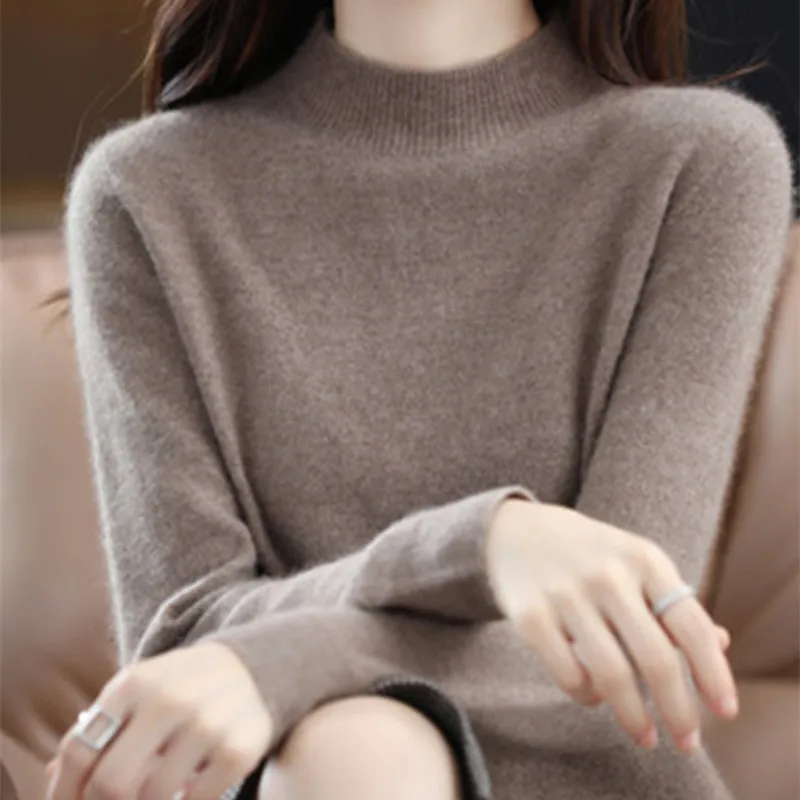 Half High Solid Color Cashmere Sweater For Women Loose Pullover Autumn and Winter Contracted Commuter Basic Knitwear Top Base - الصورة 14