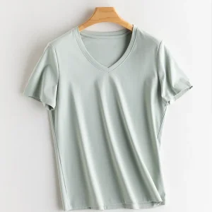 SuyaDream Women Solid T shirts, Silk Cotton Blend, O Neck, Short Sleeved Solid Tee,2025 Summer Candy Colors Basic Cozy Top Green