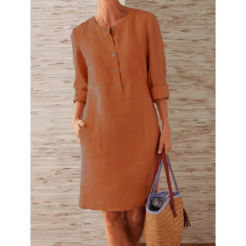 Women Casual Soild Long Sleeve Cotton And Linen Tunic Dress Vintage Straight Dress Long Sleeve Oversized Mini Knee-Length Dress - Image 8