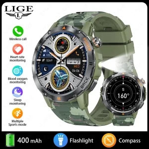 LIGE Smart Watch Men's Sports Watch Compass Flashlight 400mAh Large Battery Bluetooth Call Outdoor Waterproof Durable Smartwatch