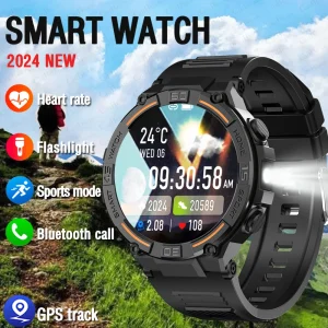 Smartwatch Military Men 360*360 HD Screen Flashlight Health Monitor Waterproof Heart Rate BT Call Smart Watch