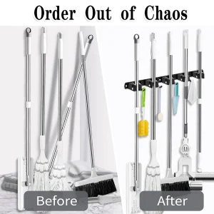 Wall Mount Broom Holder Stainless Steel 5 Racks With 4 Hooks Mop Broom Organizer Heavy Duty Laundry Room Garage Storage Hanger