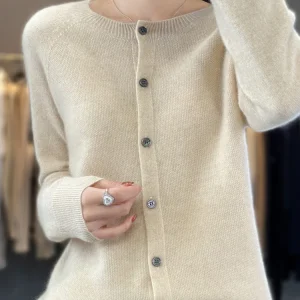 Fashion Women 100% Merino Wool Cardigans Cashmere Sweater Autumn Winter O-neck Long Sleeve Knitwear Female Basic Clothing Tops