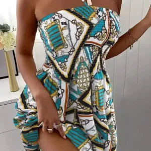 Floral Print Halter Neck Dress, Vacation Style Shirred Bust Dress For Spring & Summer, Women's Clothing