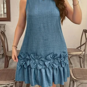 Dodge Blue Embossed Floral Dress Sleeveless Applique Midi an  Elegant Resort Wear