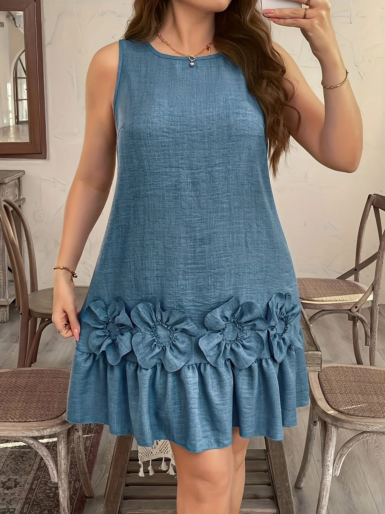 Dodge Blue Embossed Floral Dress Sleeveless Applique Midi an Elegant Resort Wear