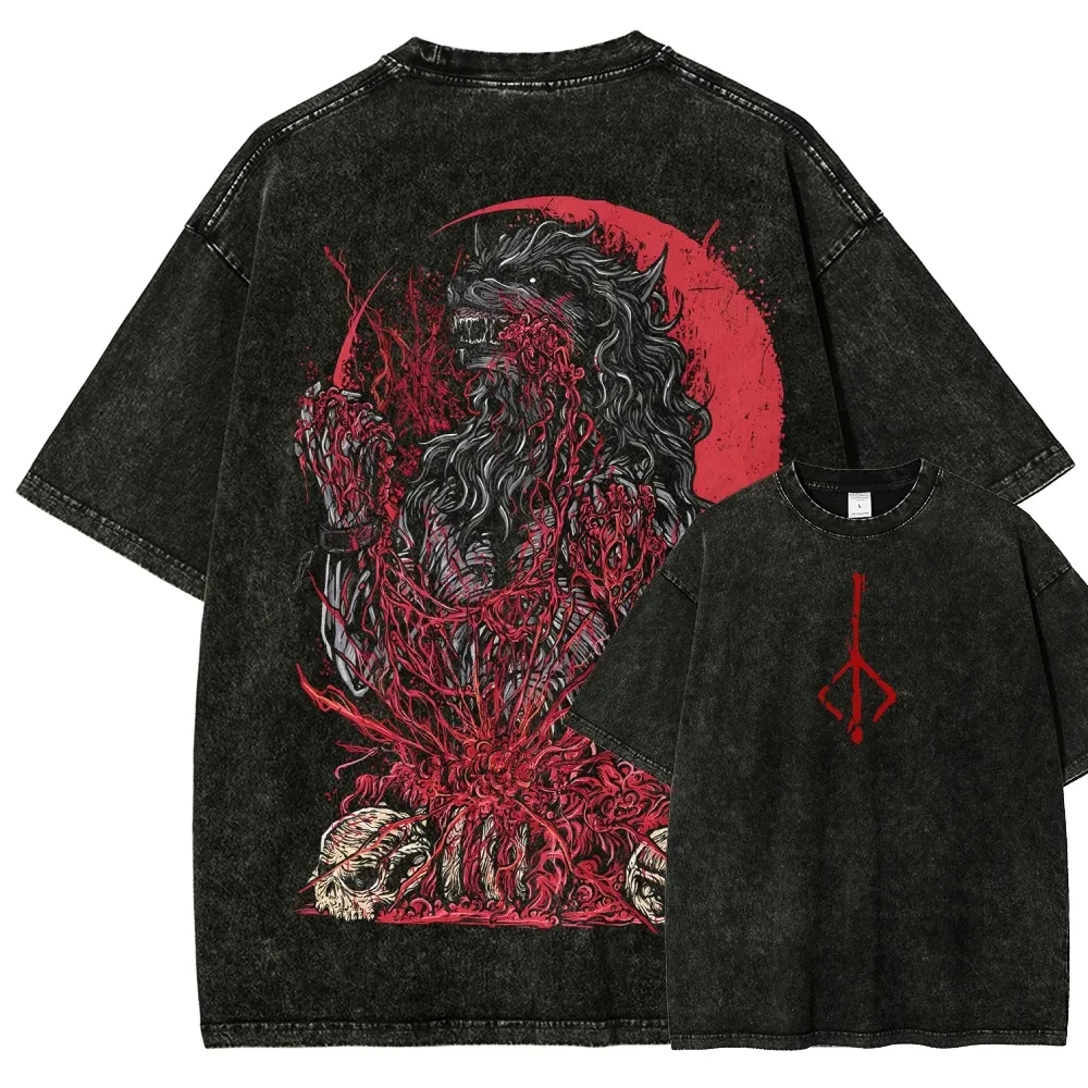 New Top Fashion Action Role-playing GameBlood Borne Peripherals Print T-shirt Vintage Washed Men Women Cotton Loose Oversize Tee - Image 4