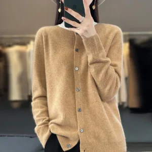 Fashion Women 100% Merino Wool Cardigans Cashmere Sweater Autumn Winter O-neck Long Sleeve Knitwear Female Basic Clothing Tops