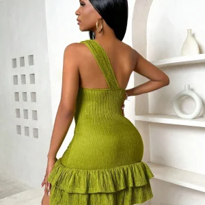 Women's Summer Solid Color One-Shoulder Ruched Hem Slim Fit Elegant Dress