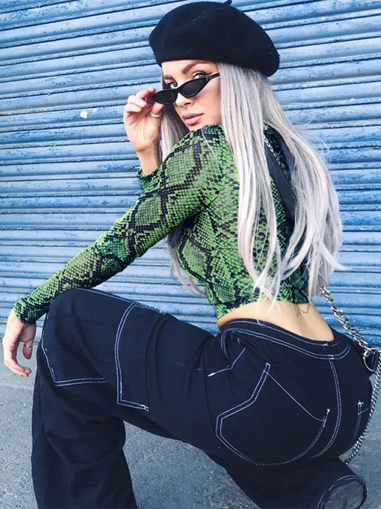 Casual Green Snake Print T Shirt Women Mesh Top Long Sleeve Transparent Snakeskin Female T-shirt High Neck Crop Tops - الصورة 3