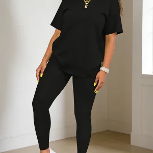 Fashion round-neck short-sleeved top paired with tight-fitting long pants - women's two-piece solid-color set
