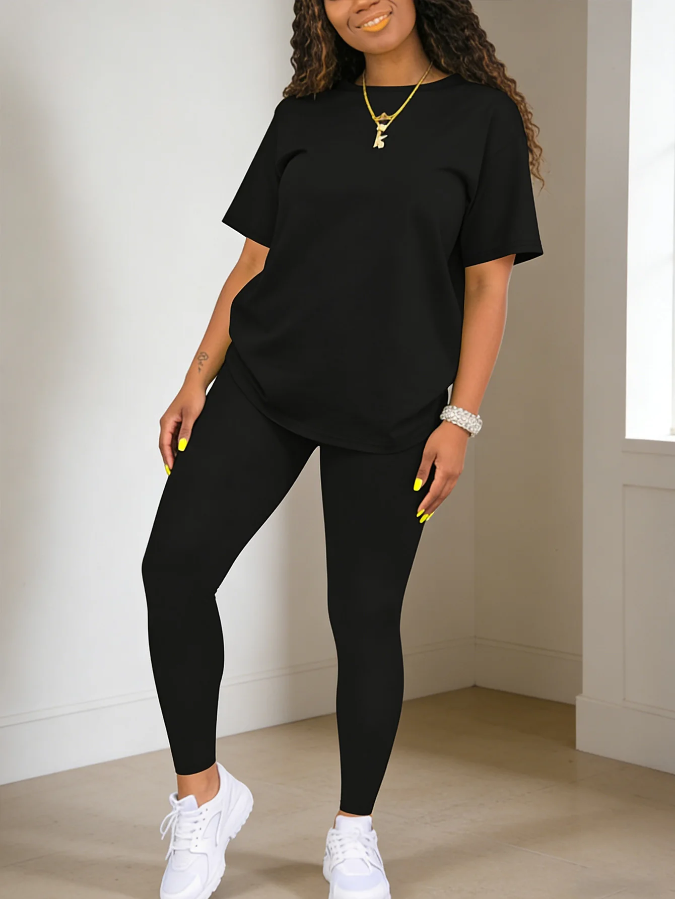 Fashion round-neck short-sleeved top paired with tight-fitting long pants - women's two-piece solid-color set - Image 2