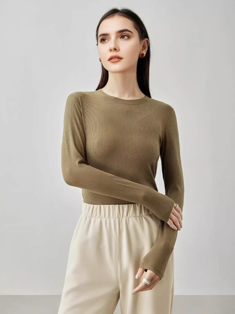 SuyaDream Women Knitted T Shirt Silk Viscose Blend Long Sleeves Solid Basic Cozy Tee 2026 Spring Summer Ribs Top Pink Blue - Image 5