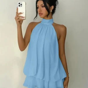 Women's Halter Neck Dress, Backless Tie-Front Chiffon Sheer Mini Skirt, Fashionable Sexy Y2K Vintage Cute Party Birthday Dress