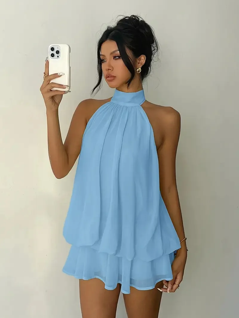 Women's Halter Neck Dress, Backless Tie-Front Chiffon Sheer Mini Skirt, Fashionable Sexy Y2K Vintage Cute Party Birthday Dress - الصورة 6