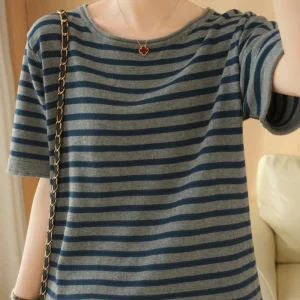 Pure Cotton Round Neck T Shirt For Women Summer Korean Style Loose Large Size Casual Short Sleeve Striped Top Base Shirt Blouse.