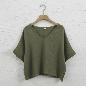 Muslin 100% Cotton Short Sleeve Tee Sexy V-Neck Oversized T-Shirt Streetwear Top Shirts And Blouse Lady Pulovers Camisetas