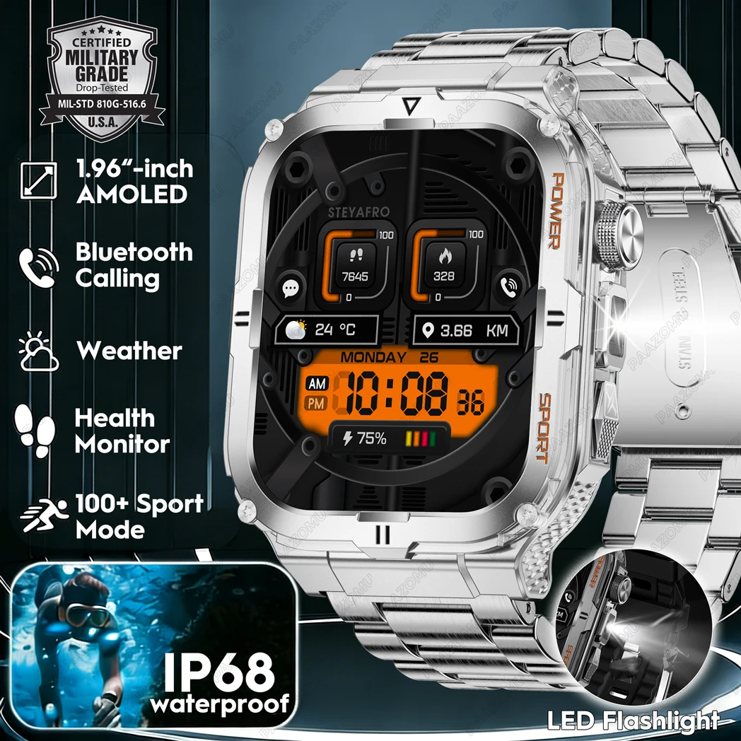 2026 New Men's Smart Watch LED Flashlight IP68 Waterproof Outdoor Sports Wristwatch Health Monitor Smart Watch for IOS Android