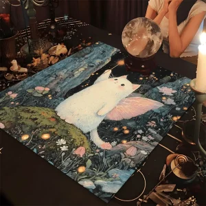 VIKAMA 2/4PC Magic Elf Tarot Tablecloth Pink Winged White Cat Wand Bedroom Children's Room Fantasy Decor