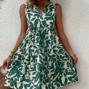 Women Boho Print Mini Dress Summer Elegant Sleeveless V Neck Ruffle A Line Tank Dress Casual Loose Oversize Beach Party Sundress