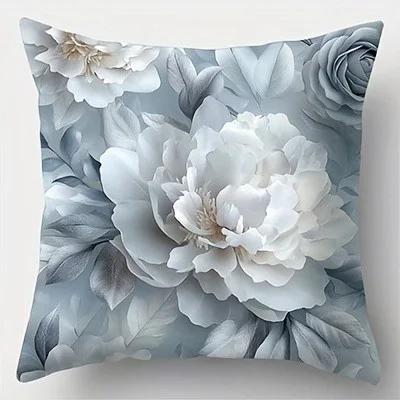 Floral Pillowcase: White & Gray Blooms ,Sofa bedroom cushion cover, single-sided printing, without pillow core - Image 4