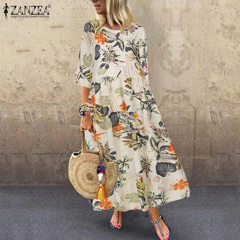 Women's Summer Short Sleeve Sundress ZANZEA Woman Floral Printed Dress Bohemian Elegant Casual Oversized Holiday Long Dresses - الصورة 2