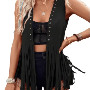 Women Vintage Sleeveless Faux Suede Fringe Vest Rivets Leather Western Boho Tassel Jacket Open Front Hippie Cardigan 2025