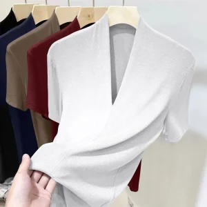 Summer Threaded Women's Short-sleeved T-shirt Fashion Versatile Base Shirt Plus Size Slim Fit V-neck T-shirt Casual and Sexy Top