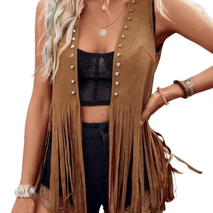 Women Vintage Sleeveless Faux Suede Fringe Vest Rivets Leather Western Boho Tassel Jacket Open Front Hippie Cardigan 2025