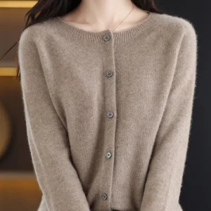 Aliselect Autumn Winter Women 100% Merino Wool Sweater O-Neck Tops Long Sleeve Basic Cashmere Knitwear Cardigan Clothing Coat