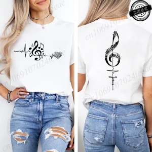 Musical Notes Printed T-Shirt for Women,Heartbeat Music Graphic Tee Shirts Clothes,Aesthetic Women's Tee T-Shirts Musician Gift