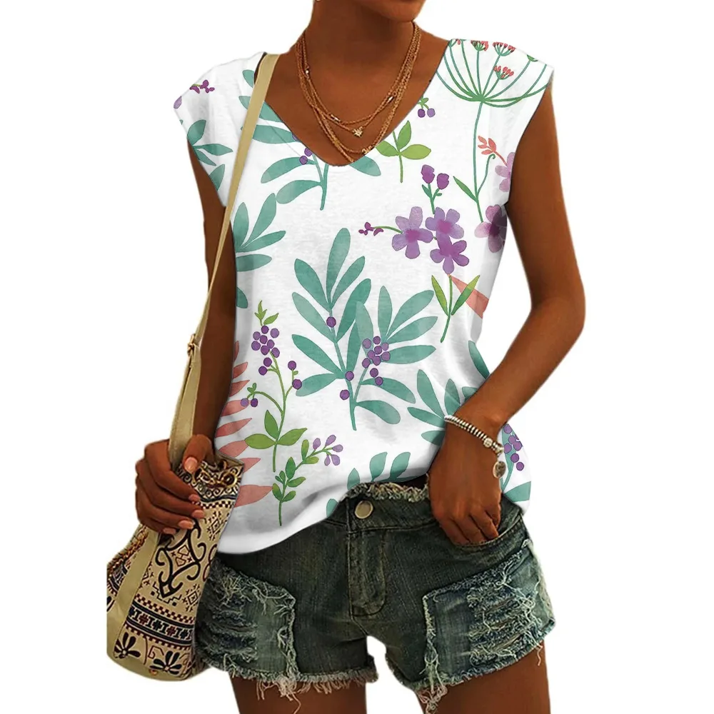 Women's Basic T-shirts Blue Flower Printed Breathable V Neck Cap Sleeves Tank Tops Vintage Summer Beach Loose Fit Tees Tops - Image 5