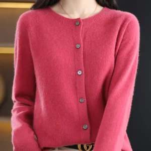 2024 New Chic Women's Basic O-neck Cardigan 100% Merino Wool Sweater Soft Grace Knitwear CoatSpring Autumn Female Clothes Tops