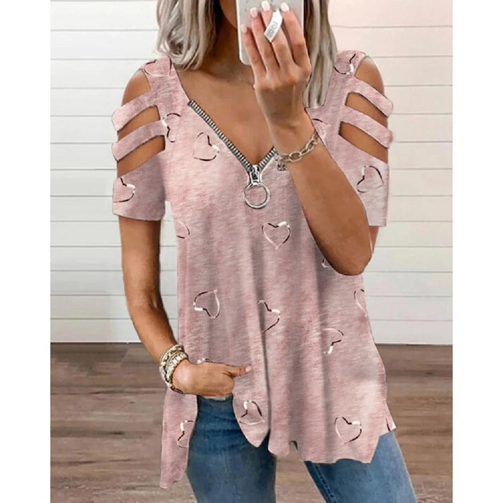 2024 Summer Women's V-Neck Zipper Printed Short Sleeve Tops Loose T-Shirts - Image 5