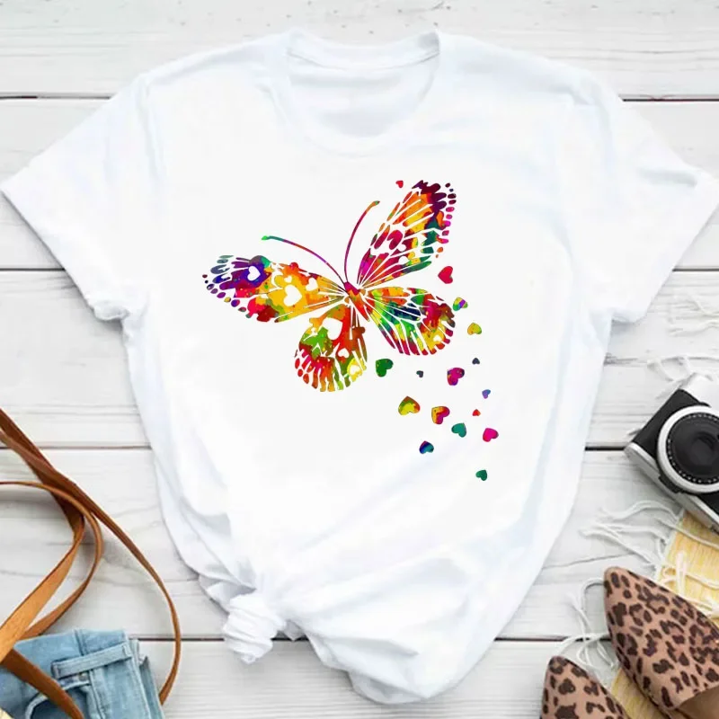 New Fashion Women T-shirt Colorful Butterfly Petal Print Short Sleeve and Round Neck Cute Graphic Tee Shirts Female Tops Clothin - Image 4