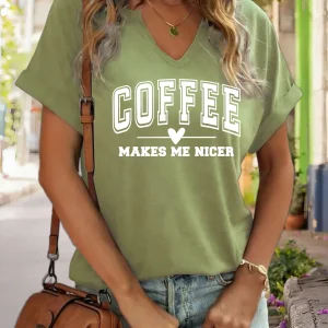 Women's V-Neck "Coffee Makes Me Nicer" Graphic Tee, Funny Coffee Lover Print T-Shirt, Casual Short Sleeve Top