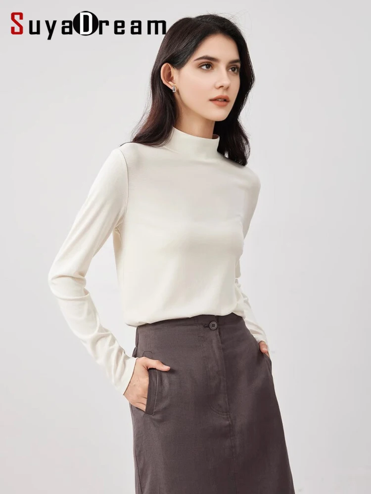 SuyaDream, Women Bottoming T Shirt, 28%Wool 37%Cotton, Long Sleeves, Solid Basic Thermal Shirt, 2025 Autumn Winter Top